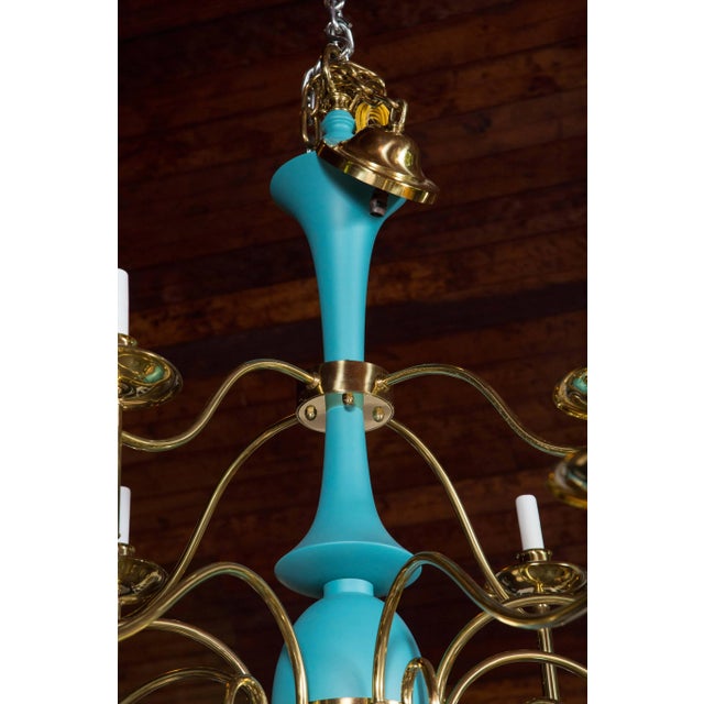 1970s Large Department Store Chandelier, Robin's Egg Blue and Brass For Sale - Image 5 of 9
