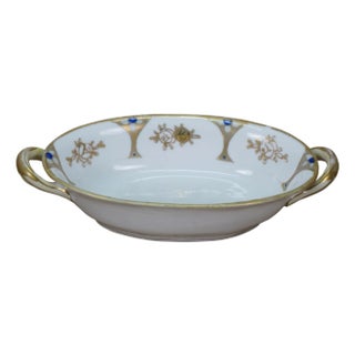 Antique Noritake Art Deco Blue & Gold Roses Oval Serving Dish Compote 8" For Sale