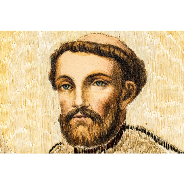 Religious Stunning Antique 19th Century Saint Dominic Needlework Embroidery Victorian Catholic Religious Textile in Gilt Frame Wall Home Decor Art For Sale - Image 3 of 14