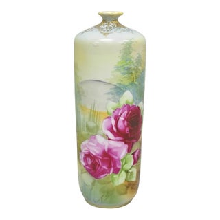 Antique Nippon Hand Painted Pink Rose & Lake Scene Small Porcelain Cylinder Vase For Sale