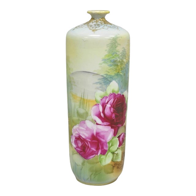 Antique Nippon Hand Painted Pink Rose & Lake Scene Small Porcelain Cylinder Vase For Sale