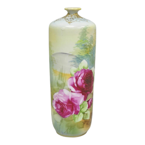 Antique Nippon Hand Painted Pink Rose & Lake Scene Small Porcelain Cylinder Vase