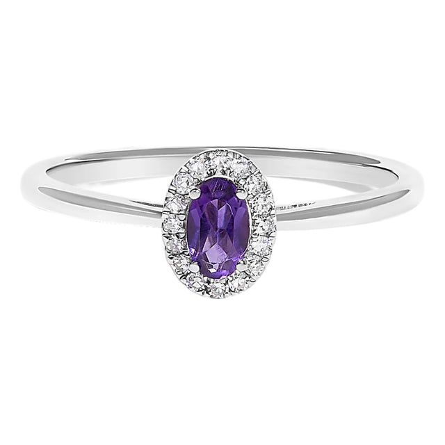 10K White Gold 5X3MM Oval Purple Amethyst and Diamond Accent Halo Ring (I-J Color, I1-I2 Clarity) - Ring Size 7.5 For Sale