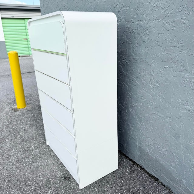 1980s Postmodern White Gloss Laminate Waterfall Highboy Dresser For Sale - Image 5 of 11