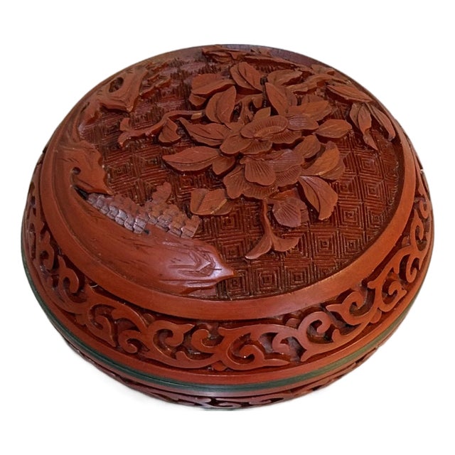 Carved Cinnabar Red Cloisonne Round Box For Sale