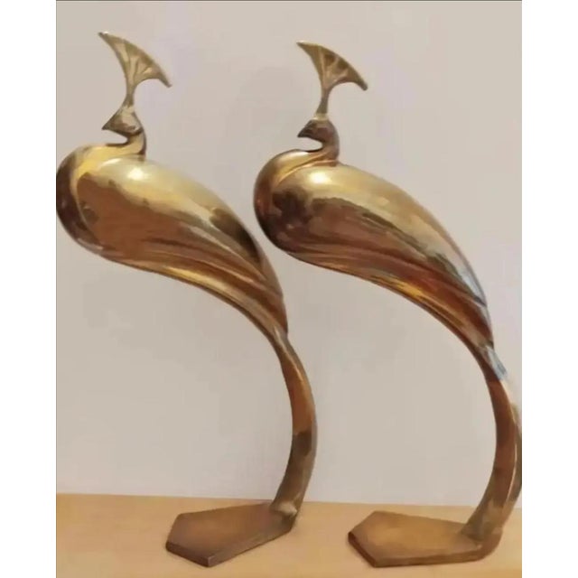 Metal 1980s Dolbi Cashier Large Standing Brass Peacock Sculptures- A Pair For Sale - Image 7 of 8