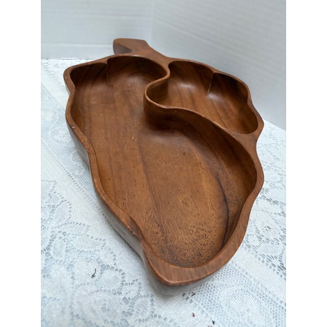 Classic vintage Hawaiian monkey pod wood carved leaf section d tray for dips and chips. Serving and decor accent. 1970s...
