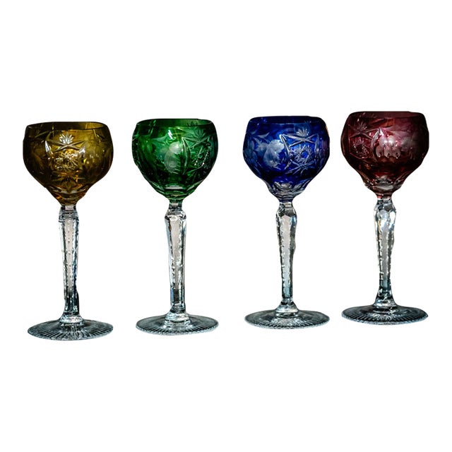 1970s Nachtmann Traube Cut to Color Crystal Wine Glasses Varied Colors - Set of Four For Sale