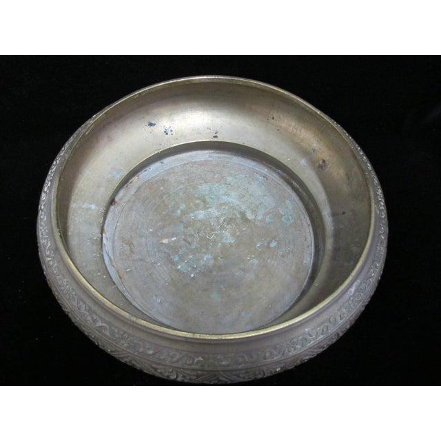 Chinese Antique Persian Large Heavily Etched Brass Bowl With Lid or Stand For Sale - Image 3 of 11