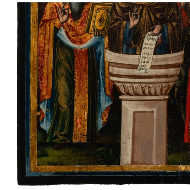 Antique Greek Eastern Orthodox Religious Painted Icon Egg Tempera 3 Saints 1780 For Sale - Image 11 of 15