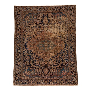 1960s Vintage Persian Farahan Distressed Blue Handmade Floral Wool Rug For Sale