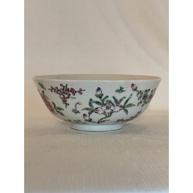 Late 20th Century Vintage Famille Rose Chinese Porcelain Bowl With Peonies and Butterflies on Hand-Carved Stand For Sale - Image 4 of 13