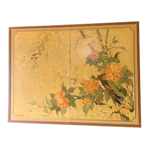 1960s Lucien Leinfelder Two Panel Hand Painted Screen