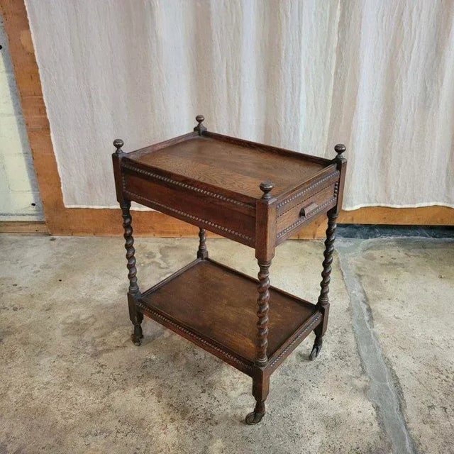 English 1920s Antique English Barley Twist Tea Trolley With Drawer For Sale - Image 3 of 13