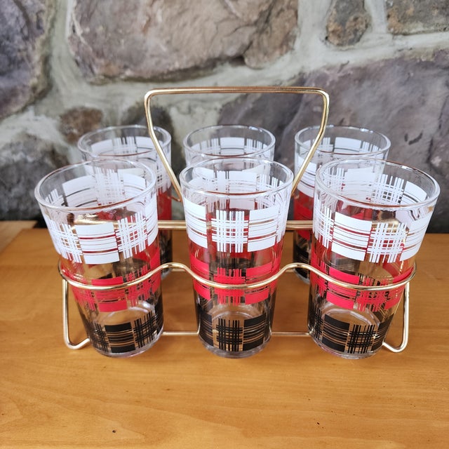 Glass Vintage Mid-Century Modern Glass Tumblers With Gold Brass Caddy- 7 Pieces For Sale - Image 7 of 7