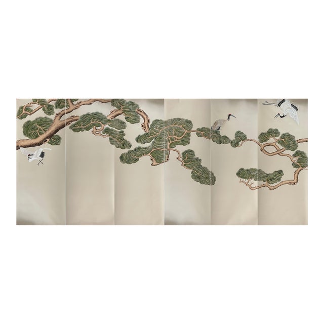 Beige Pine & Crane Chinoiserie Mural | 6-Panel Hand-Painted Wallpaper For Sale