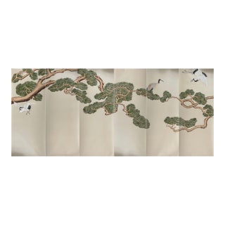 Hand-Painted Beige Pine & Crane Chinoiserie Mural Panels | Luxury Asian Landscape Wall Art Set of 6 For Sale