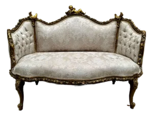 French Baroque Style Tan Beige Sofa Gold Leaf Details
