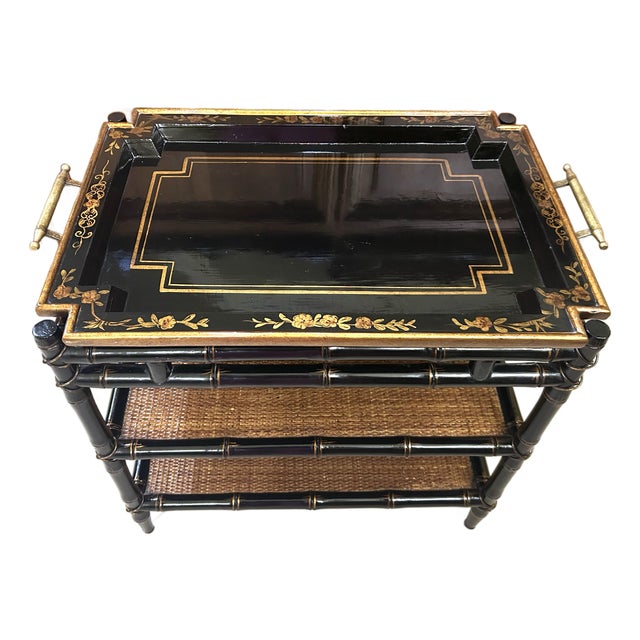 Vintage Chinoiserie Tiered Coffee Table With Serving Tray and Gold Metal Handles, Tiers Lined With Woven Cane, Faux Bamboo Legs and Floral Motifs For Sale