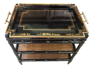 Vintage Chinoiserie Tiered Coffee Table With Serving Tray and Gold Metal Handles, Tiers Lined With Woven Cane, Faux Bamboo Legs and Floral Motifs