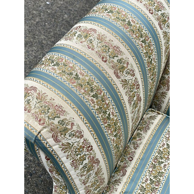 Wood Mid 20th Century Pair Taylor-King Queen Anne Camelback Sofa Loveseat Floral Blue White Stripe For Sale - Image 7 of 12