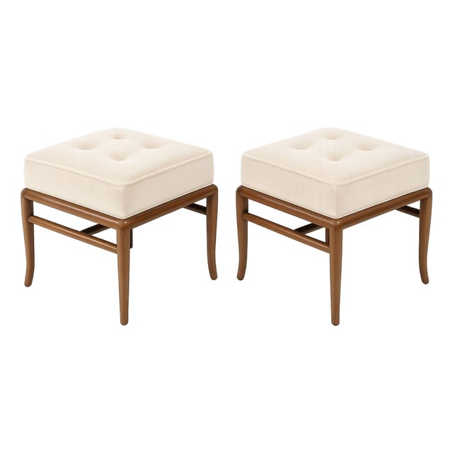 Set of Stools by t.h. Robsjohn-Gibbings in Walnut and Velvet, C. 1950s For Sale
