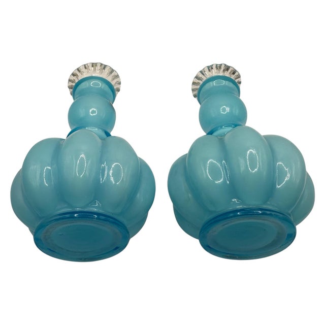 Vintage Blue Opalescent Glass Perfume Bottles With Melon-Ribbed Design by Fenton Art Glass Company - A Pair For Sale - Image 10 of 12