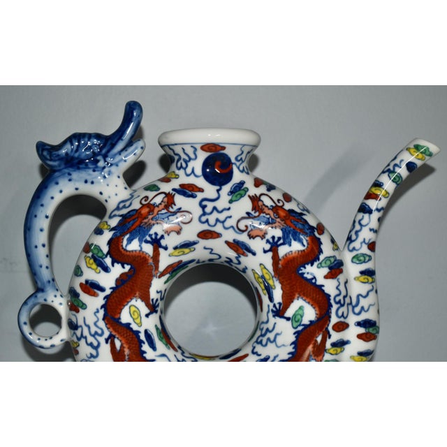 Blue Vintage Chinese Blue & White Dragon Phoenix Donut Hole Pitcher/Teapot For Sale - Image 8 of 12