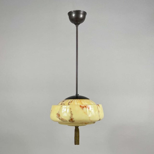 Art Deco Cream Marbled Opaline and Burnished Metal Tassel Pendant Light, 1930 For Sale - Image 3 of 18