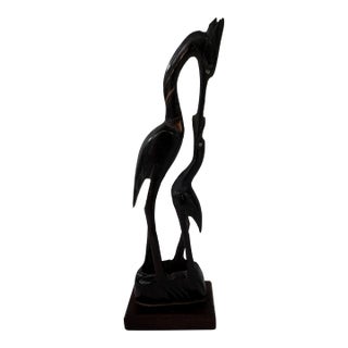 Vintage Hand-Carved Horn Sculpture of Crane Feeding Its Young on Wooden Base (8.75”) For Sale