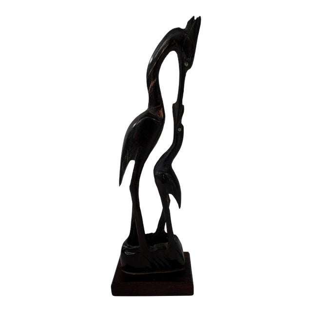 Vintage Hand-Carved Horn Sculpture of Crane Feeding Its Young on Wooden Base (8.75”) For Sale