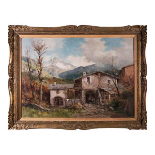 Italian School, 20th Century, Alpine Farmstead in a Mountain Landscape Original Oil Painting For Sale