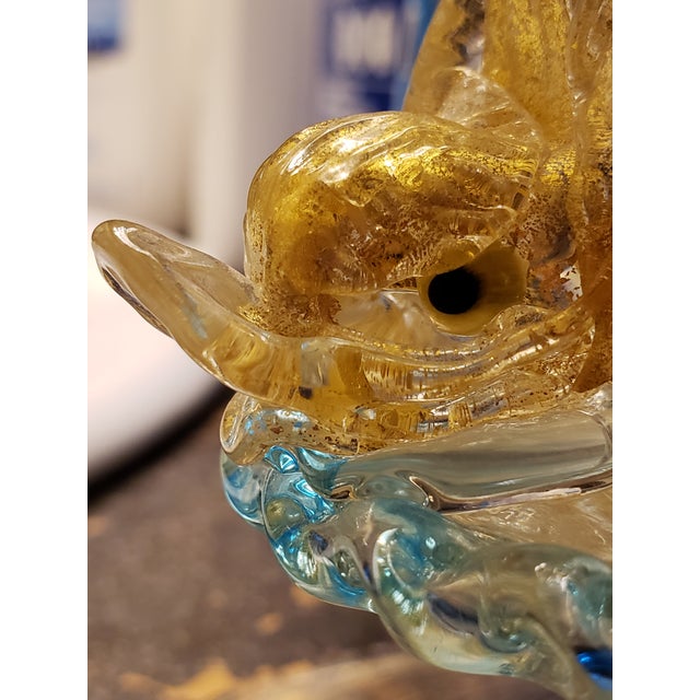 Murano Glass 3 Dolphin Tazza Compote Rigadin Gold Polveri Attr Salviati For Sale - Image 15 of 16