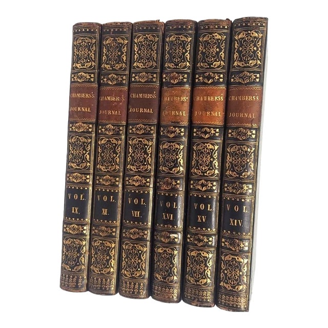 6 Antique Volumes Chamber's Journals Leather Spines Edinburgh Scotland 1840s History Fiction Poetry For Sale