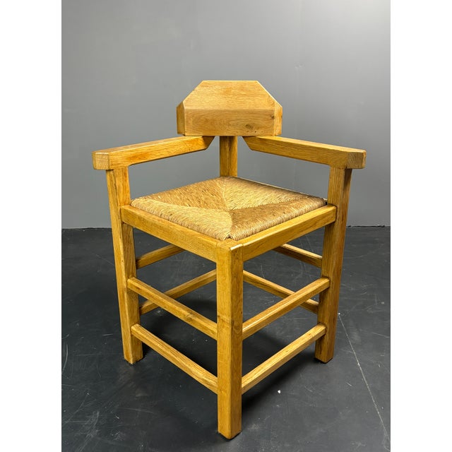 Postmodern Brutalist Dutch Oak Corner Chair with Rush Seat, 1970s For Sale - Image 17 of 18