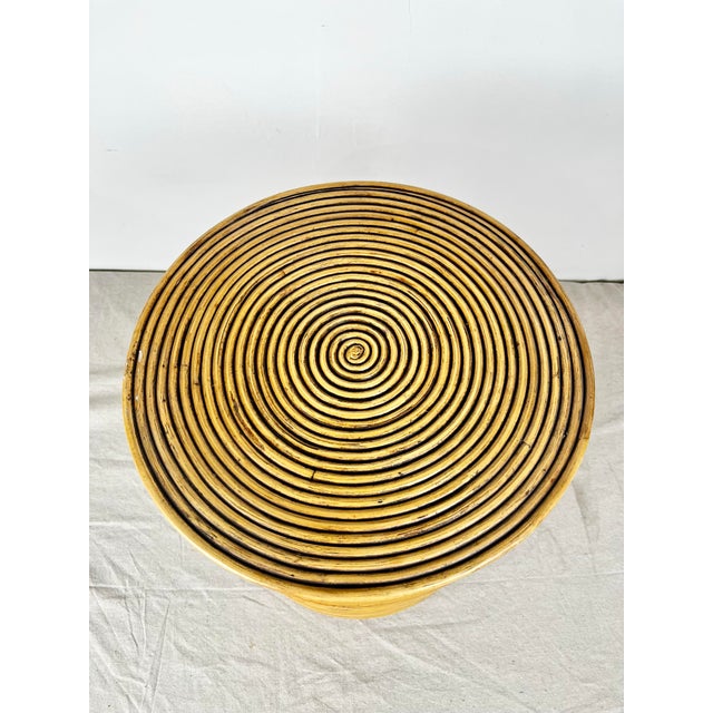 Boho Chic Vintage Pencil Reed Rattan Drum Side Table Hamper For Sale - Image 3 of 7