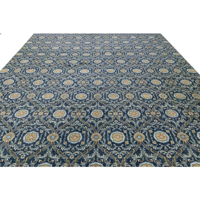 Modern Midnight Blue Ikat Style Hand-Knotted Wool Area Rug 13x20 For Sale - Image 9 of 9