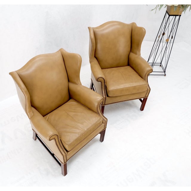 Pair of Tall Tan Leather Wing Chairs on Solid Mahogany Stretcher Base Mint! For Sale - Image 6 of 17