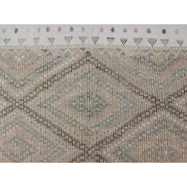 Tan Green, Salmon Vintage Turkish Embroidered Rug With Geometric Diamond Design For Sale - Image 9 of 13
