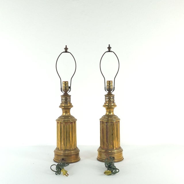 Pair of Antique English Brass Oil Lamps, Now Electrified For Sale - Image 4 of 8