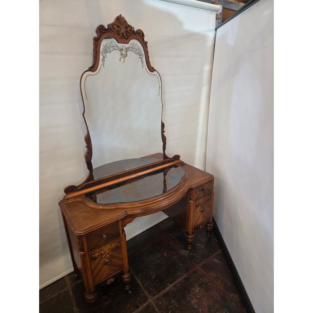 Wood Antique 1920s Victorian Spanish Revival Vanity Walnut For Sale - Image 7 of 12
