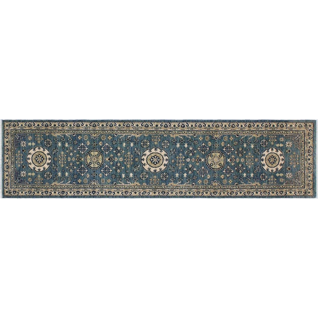 Shabby Chic Ziegler Blue/Ivory Wool Runner Rug- 2'5'' X 9'5'' For Sale - Image 9 of 10