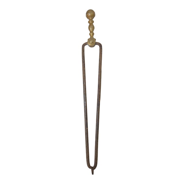 Antique 18th Century Wrought Iron Turned Brass English Fireplace Tongs Tool 20 For Sale