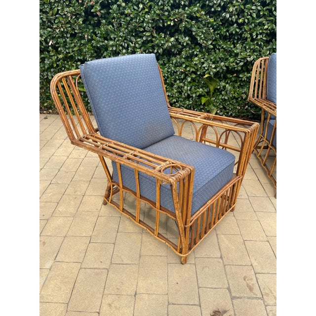 Wood 1930s Attributed to Heywood-Wakefield Stick Rattan Art Deco 3-Piece Suite (Sofa + Pair of Lounge Chairs Set) For Sale - Image 7 of 8