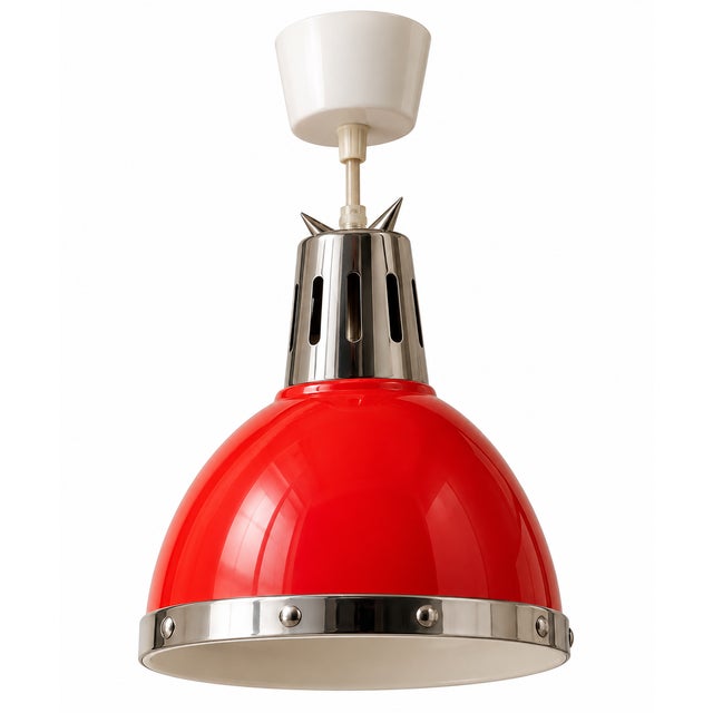 A striking vintage IKEA pendant ceiling light featuring a vibrant glossy red dome shade, polished chrome detailing and a...