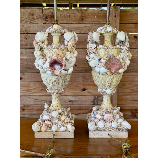Vintage Shell-Encrusted Carved Wood Urn Table Lamps - Pair For Sale - Image 4 of 12