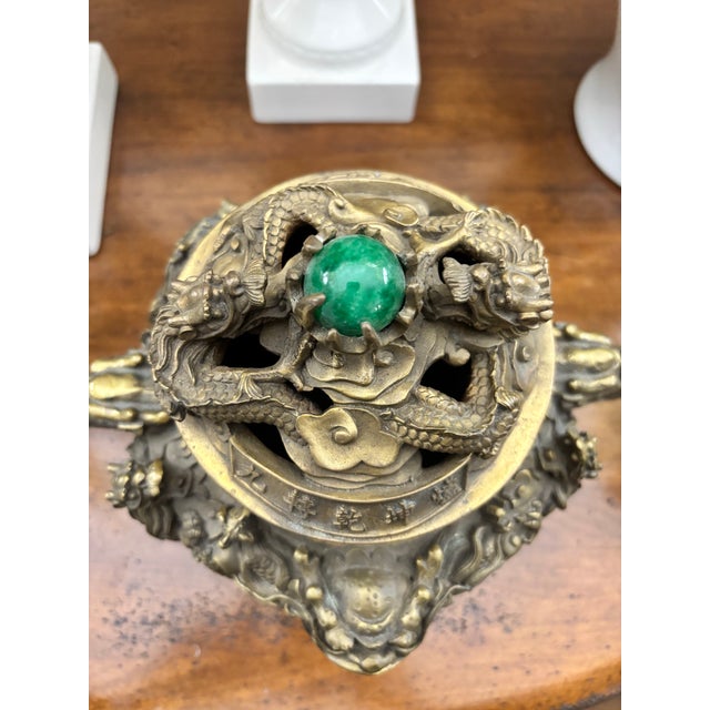 Ornate Mid 20th Century Cast Brass Chinese Incense Burner Censer With Dragons and Fu Dogs and Green Stone Finial For Sale - Image 6 of 12