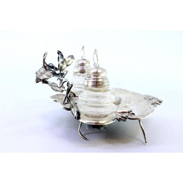 Silver and Glass Inkwell with Embossed Fish Figure and Acanthus Leaves For Sale - Image 3 of 7