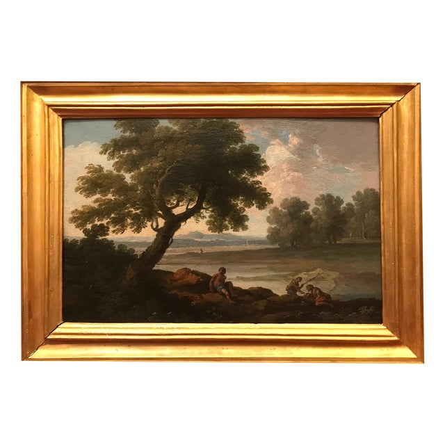 Andrea Locatelli, Landscape with Fisherman, 18th Century, Oil on Canvas, Framed For Sale