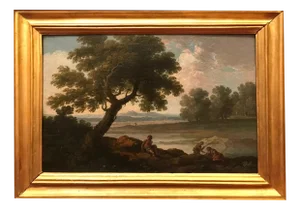Andrea Locatelli, Landscape with Fisherman, 18th Century, Oil on Canvas, Framed